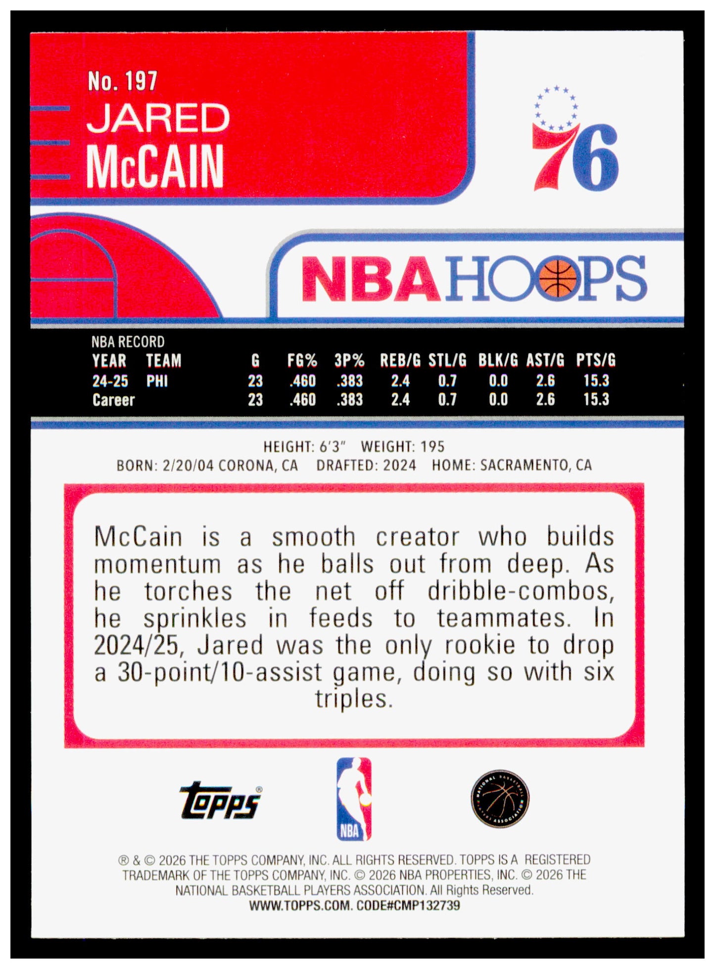 2025-26 Hoops Jared McCain Card Philadelphia 76ers #197