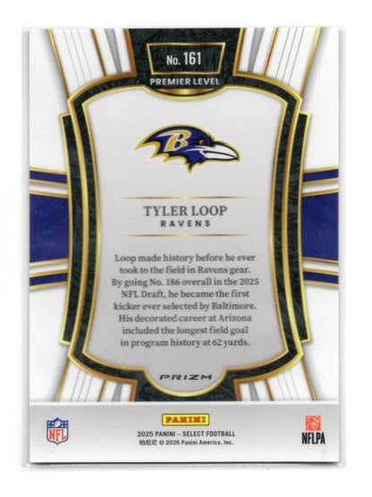 2025 Panini Select Tyler Loop Card Black and Green Prizm Shock RC  Ravens #161