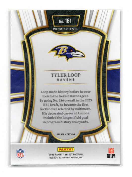 2025 Panini Select Tyler Loop Card Black and Green Prizm Shock RC  Ravens #161