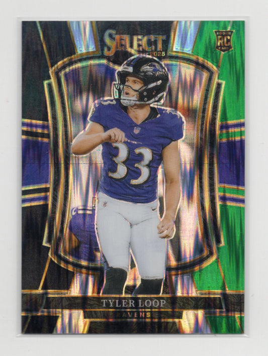 2025 Panini Select Tyler Loop Card Black and Green Prizm Shock RC  Ravens #161