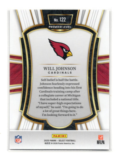 2025 Panini Select Will Johnson Card RC Arizona Cardinals #122