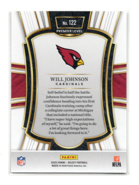 2025 Panini Select Will Johnson Card RC Arizona Cardinals #122