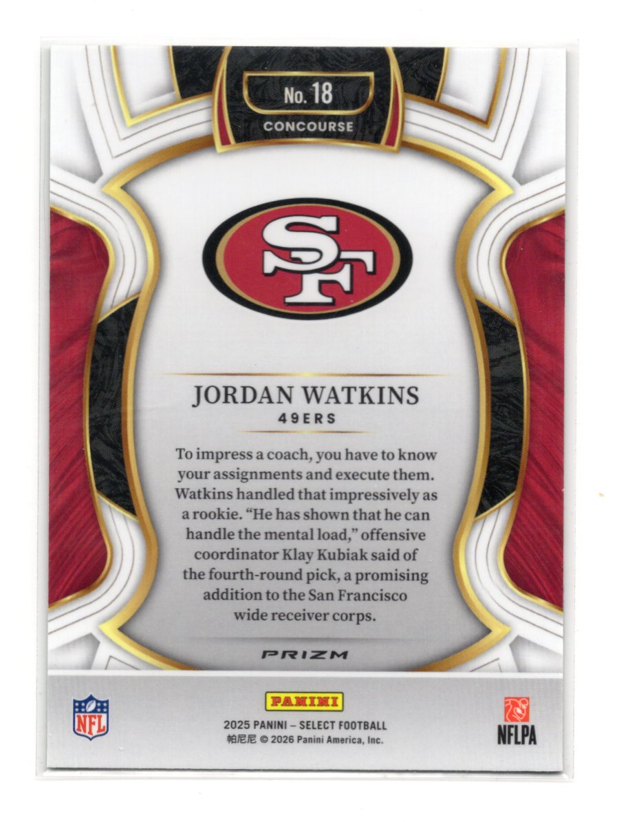 2025 Panini Select Jordan Watkins Card Black and Green Prizm Shock RC 49ers #18
