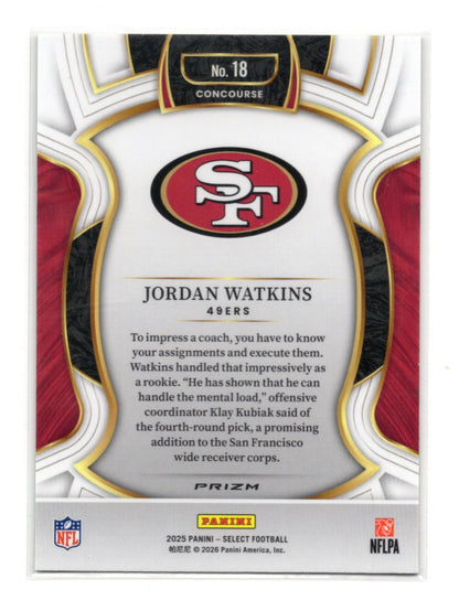 2025 Panini Select Jordan Watkins Card Black and Green Prizm Shock RC 49ers #18