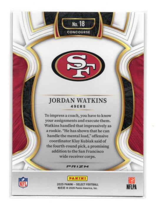 2025 Panini Select Jordan Watkins Card Black and Green Prizm Shock RC 49ers #18