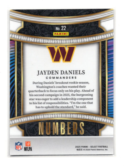 2025 Panini Select Jayden Daniels Card Select Numbers Washington Commanders #22