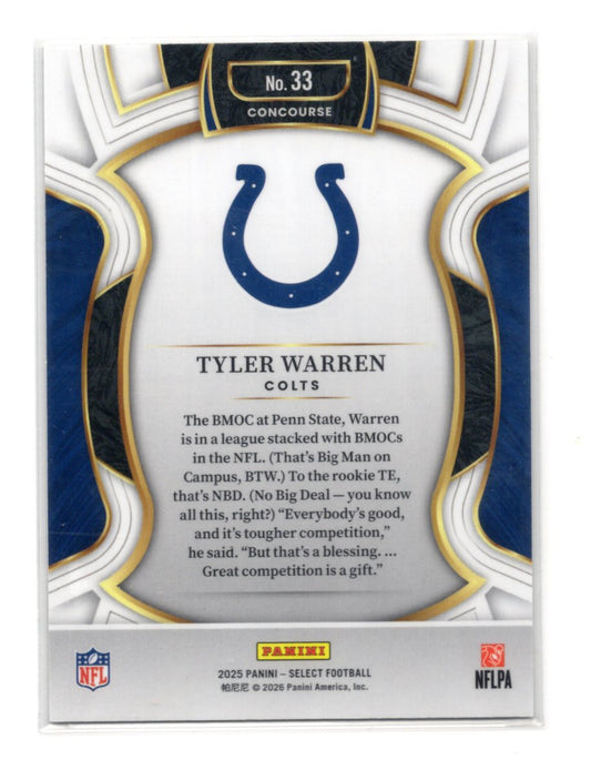 2025 Panini Select Tyler Warren Card Silver Prizm Indianapolis Colts #33