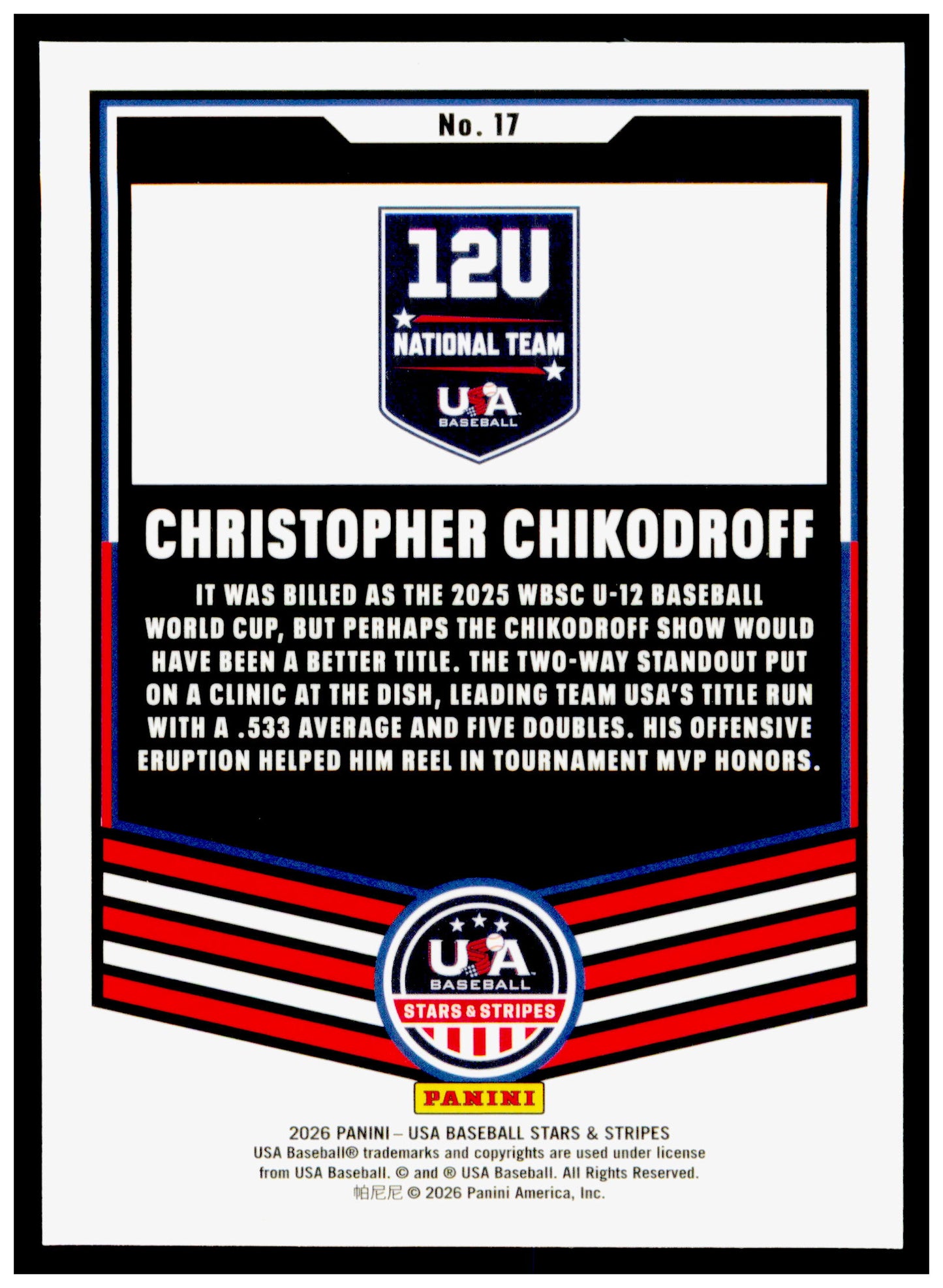 2026 Panini Stars & Stripes Prizm USA Baseball Christopher Chikodroff Card USA