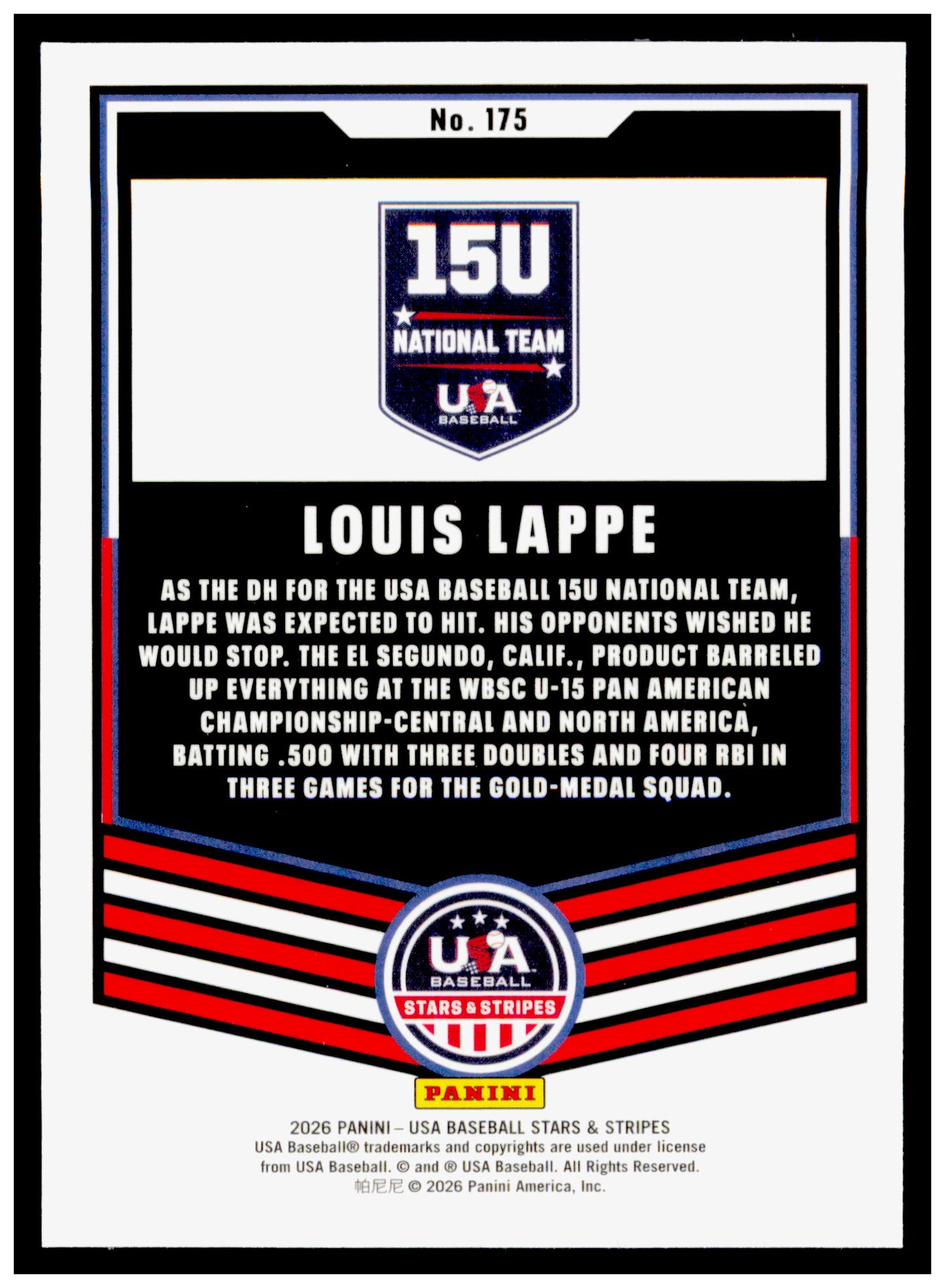 2026 Panini Stars & Stripes Prizm USA Baseball Louis Lappe Card USA #175