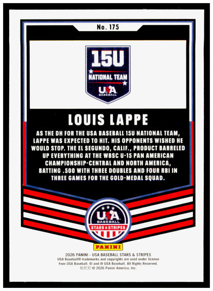 2026 Panini Stars & Stripes Prizm USA Baseball Louis Lappe Card USA #175