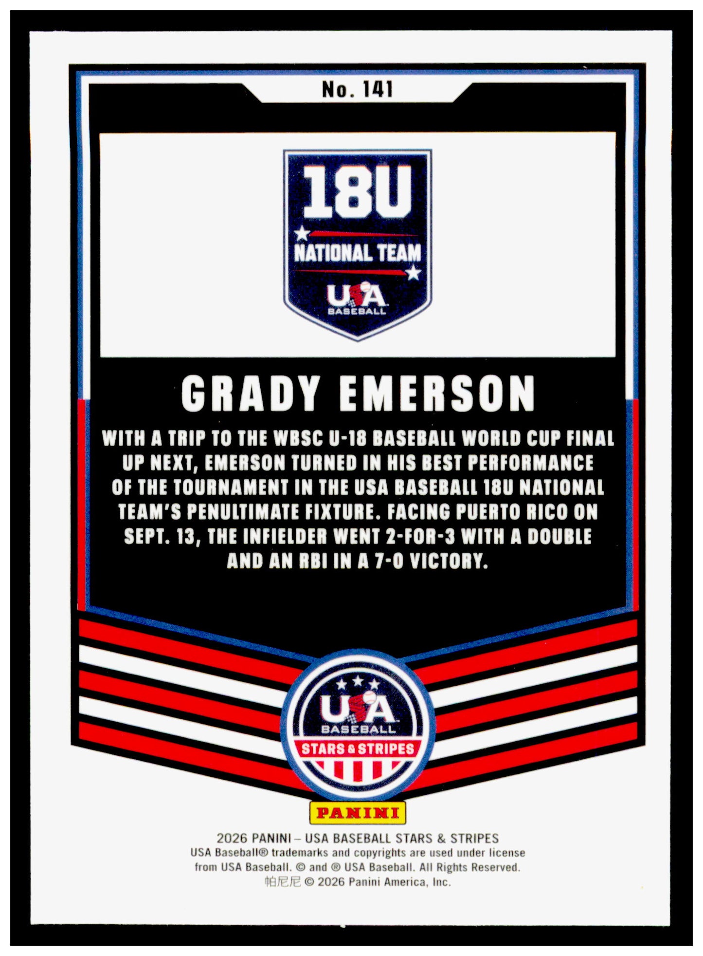 2026 Panini Stars & Stripes Prizm USA Baseball Grady Emerson Card USA #141