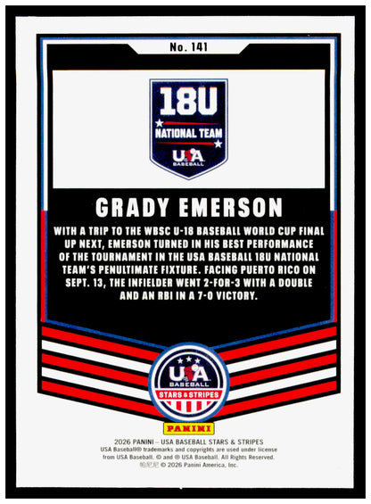 2026 Panini Stars & Stripes Prizm USA Baseball Grady Emerson Card USA #141