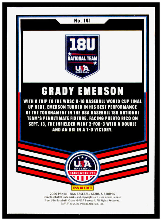 2026 Panini Stars & Stripes Prizm USA Baseball Grady Emerson Card USA #141