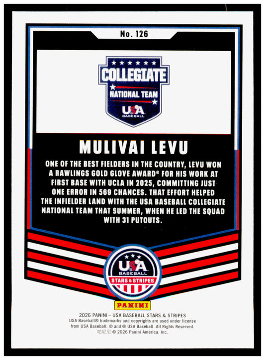2026 Panini Stars & Stripes Prizm USA Baseball Mulivai Levu Card USA #126