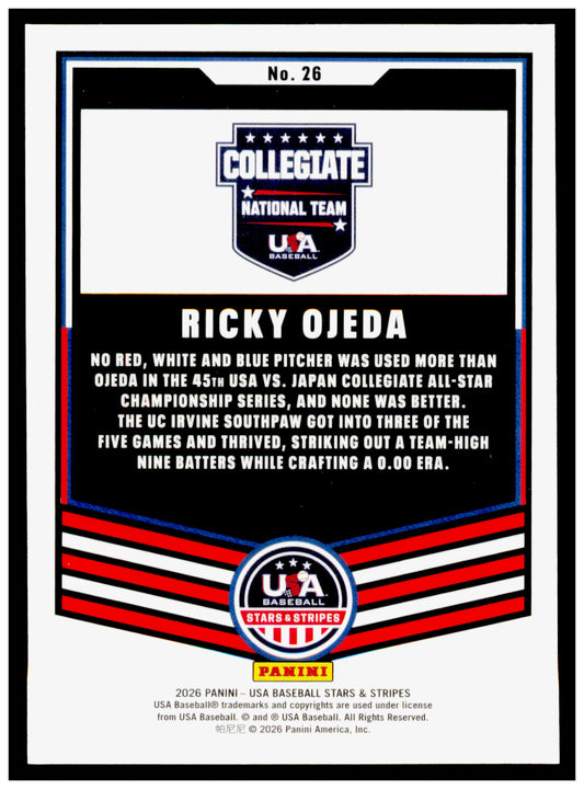 2026 Panini Stars & Stripes Prizm USA Baseball Ricky Ojeda Card USA #26