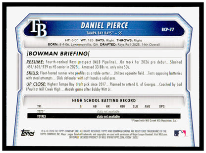 2026 Bowman Daniel Pierce Card Chrome Prospects Tampa Bay Rays #BCP-77