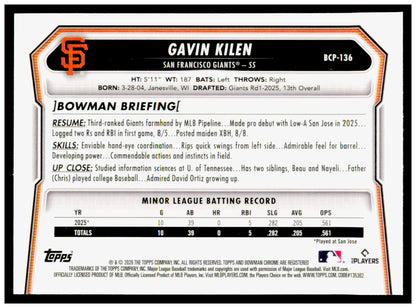 2026 Bowman Gavin Kilen Card Chrome Prospects San Francisco Giants #BCP-136