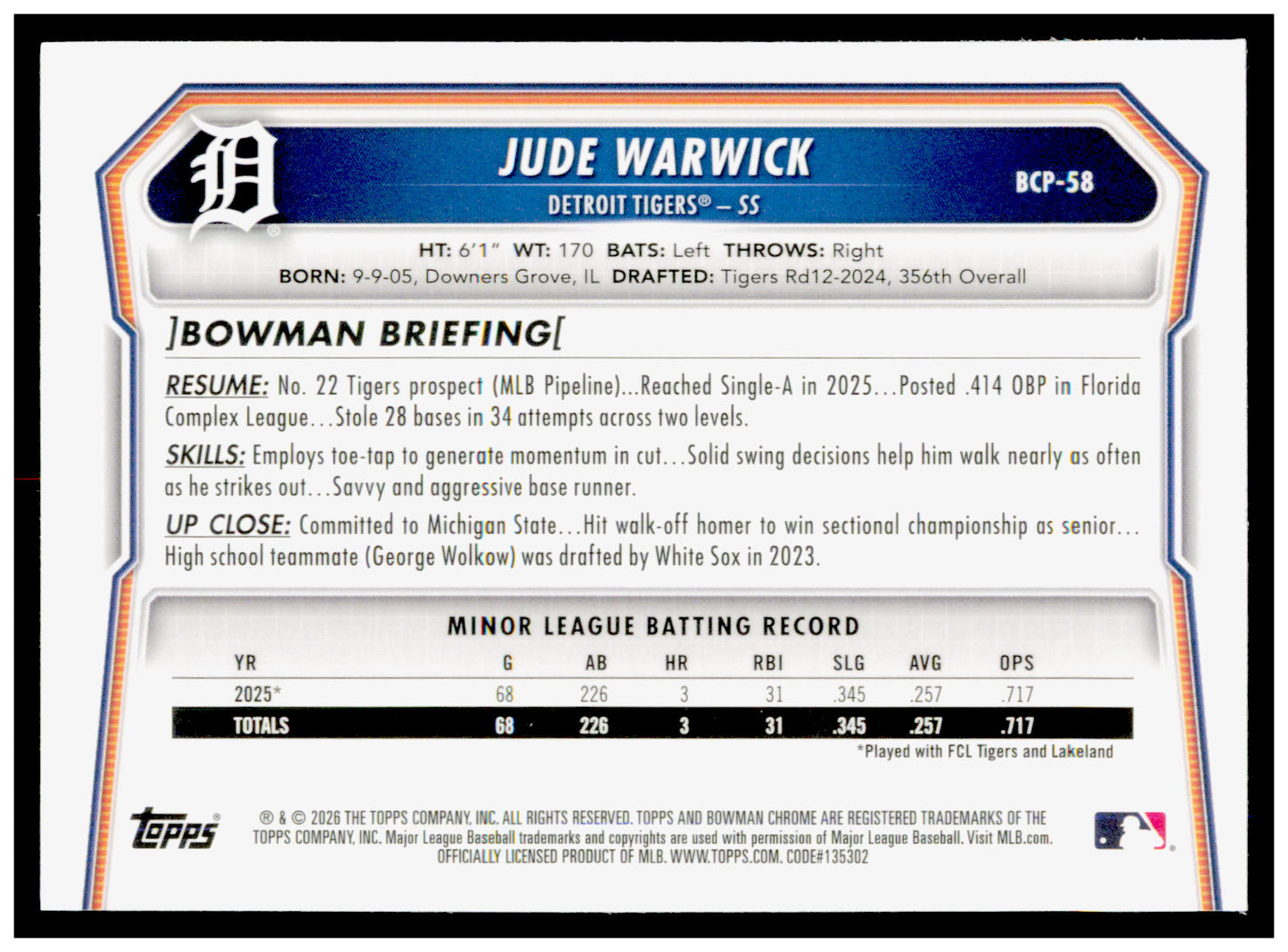 2026 Bowman Jude Warwick Card Chrome Prospects Detroit Tigers #BCP-58