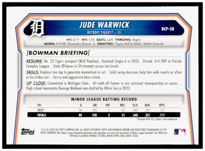 2026 Bowman Jude Warwick Card Chrome Prospects Detroit Tigers #BCP-58
