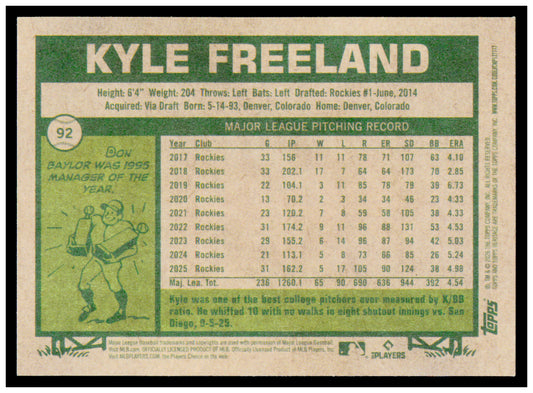 2026 Topps Heritage Kyle Freeland Card Colorado Rockies #92