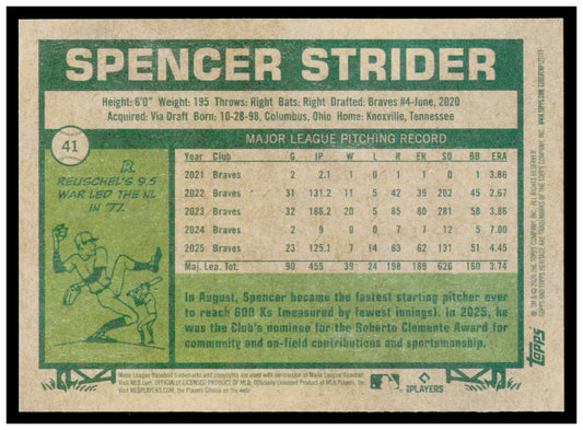 2026 Topps Heritage Spencer Strider Card Atlanta Braves #41
