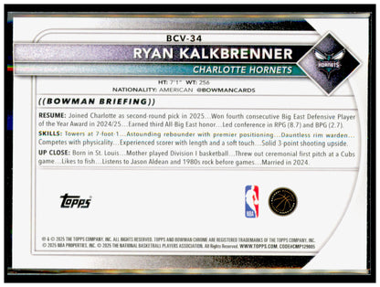 2025-26 Bowman Ryan Kalkbrenner Card RC Charlotte Hornets #34