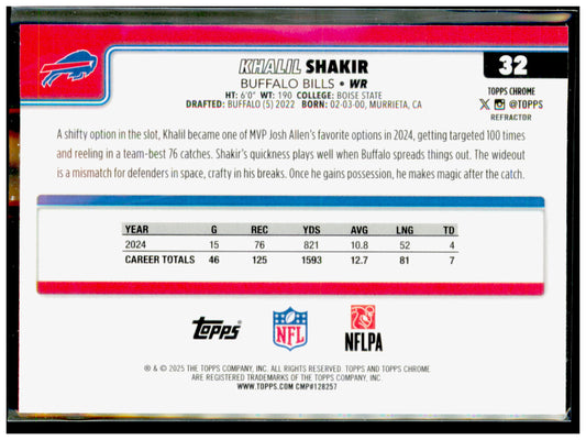 2025 Topps Chrome Khalil Shakir Card Refractor Buffalo Bills #32