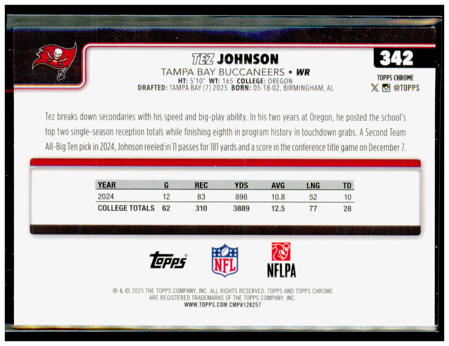2025 Topps Chrome Tez Johnson Card RC Tampa Bay Buccaneers #342