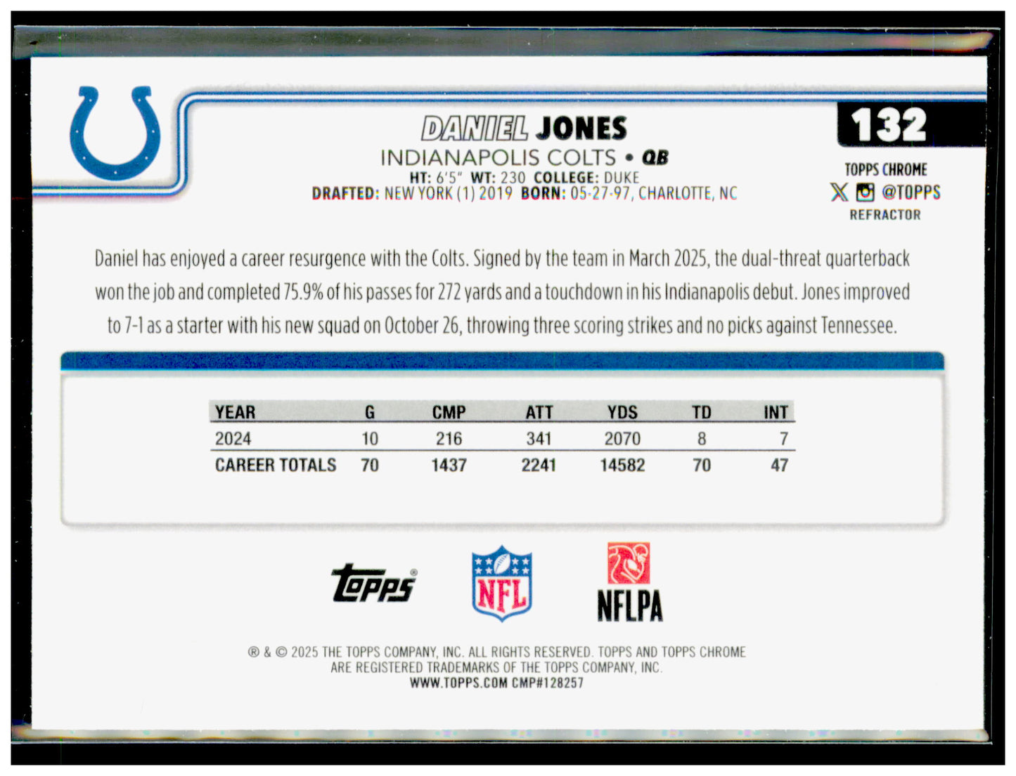 2025 Topps Chrome Daniel Jones Card Refractor Indianapolis Colts #132