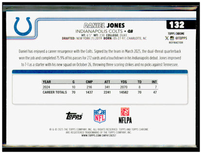 2025 Topps Chrome Daniel Jones Card Refractor Indianapolis Colts #132
