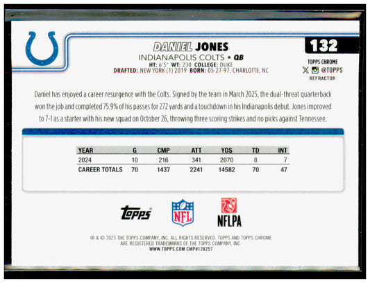 2025 Topps Chrome Daniel Jones Card Refractor Indianapolis Colts #132