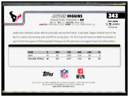 2025 Topps Chrome Jayden Higgins Card RC Houston Texans #343