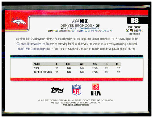 2025 Topps Chrome Bo Nix Card Refractor Denver Broncos #88