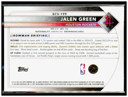 2025-26 Bowman Jalen Green Card Chrome Mojo Refractors Houston Rockets #BCV-199