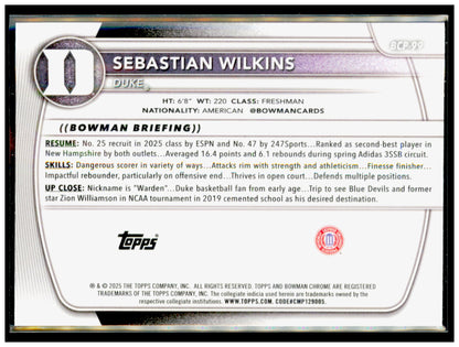 2025-26 Bowman Sebastian Wilkins Card Chrome Prospects Duke Blue Devils #BCP-99