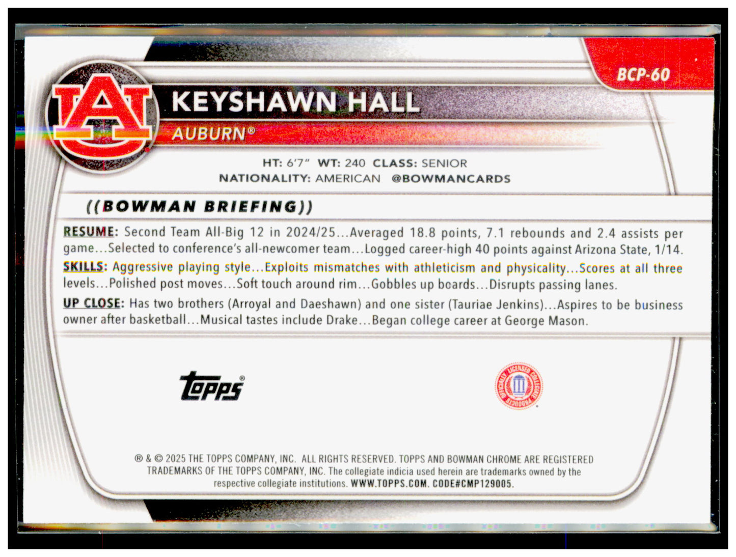 2025-26 Bowman Keyshawn Hall Card Prospects Auburn Tigers #BPP-60