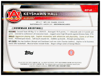 2025-26 Bowman Keyshawn Hall Card Prospects Auburn Tigers #BPP-60