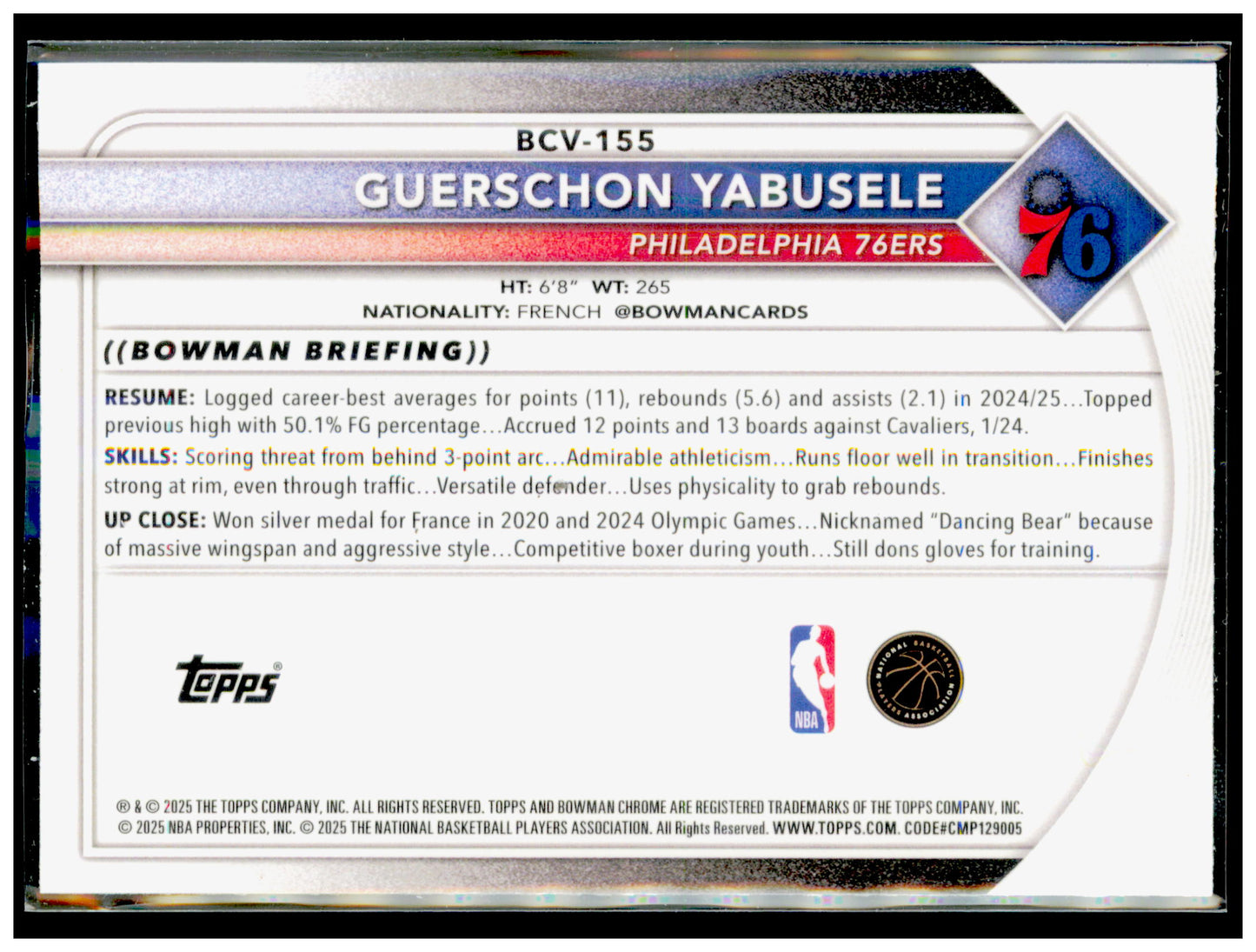2025-26 Bowman Guerschon Yabusele Card Chrome Philadelphia 76ers #BCV-155
