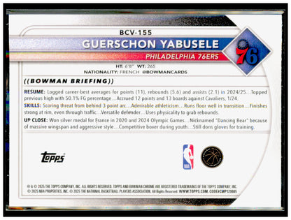 2025-26 Bowman Guerschon Yabusele Card Chrome Philadelphia 76ers #BCV-155