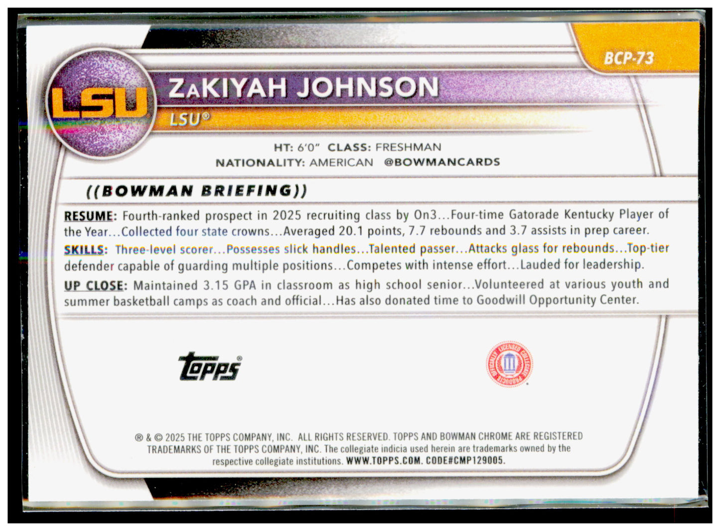 2025-26 Bowman ZaKiyah Johnson Card Prospects LSU Tigers #BPP-73