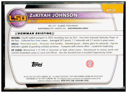 2025-26 Bowman ZaKiyah Johnson Card Prospects LSU Tigers #BPP-73