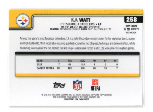 2025 Topps Chrome T.J. Watt Card Refractor Pittsburgh Steelers #258