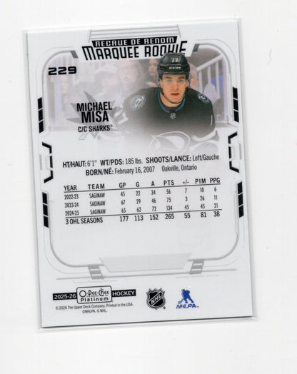 2025-26 O-Pee-Chee Platinum Michael Misa Card RC San Jose Sharks #229