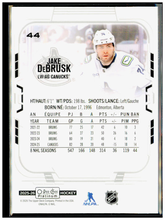 2025-26 O-Pee-Chee Platinum Jake DeBrusk Card Vancouver Canucks #44
