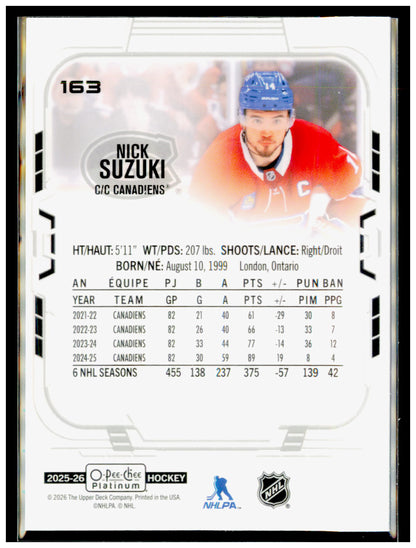 2025-26 O-Pee-Chee Platinum Nick Suzuki Card Montreal Canadiens #163