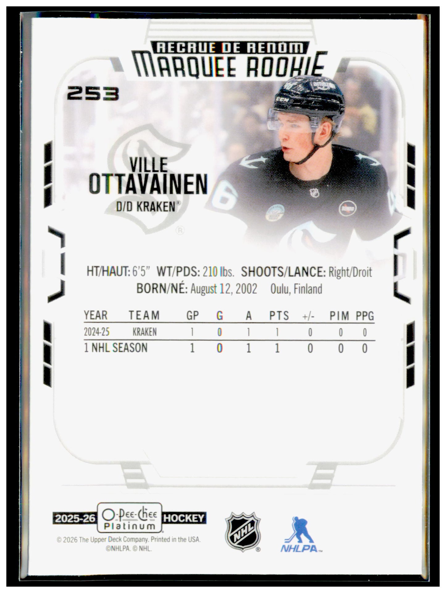 2025-26 O-Pee-Chee Platinum Ville Ottavainen Card RC Seattle Kraken #253