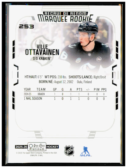 2025-26 O-Pee-Chee Platinum Ville Ottavainen Card RC Seattle Kraken #253