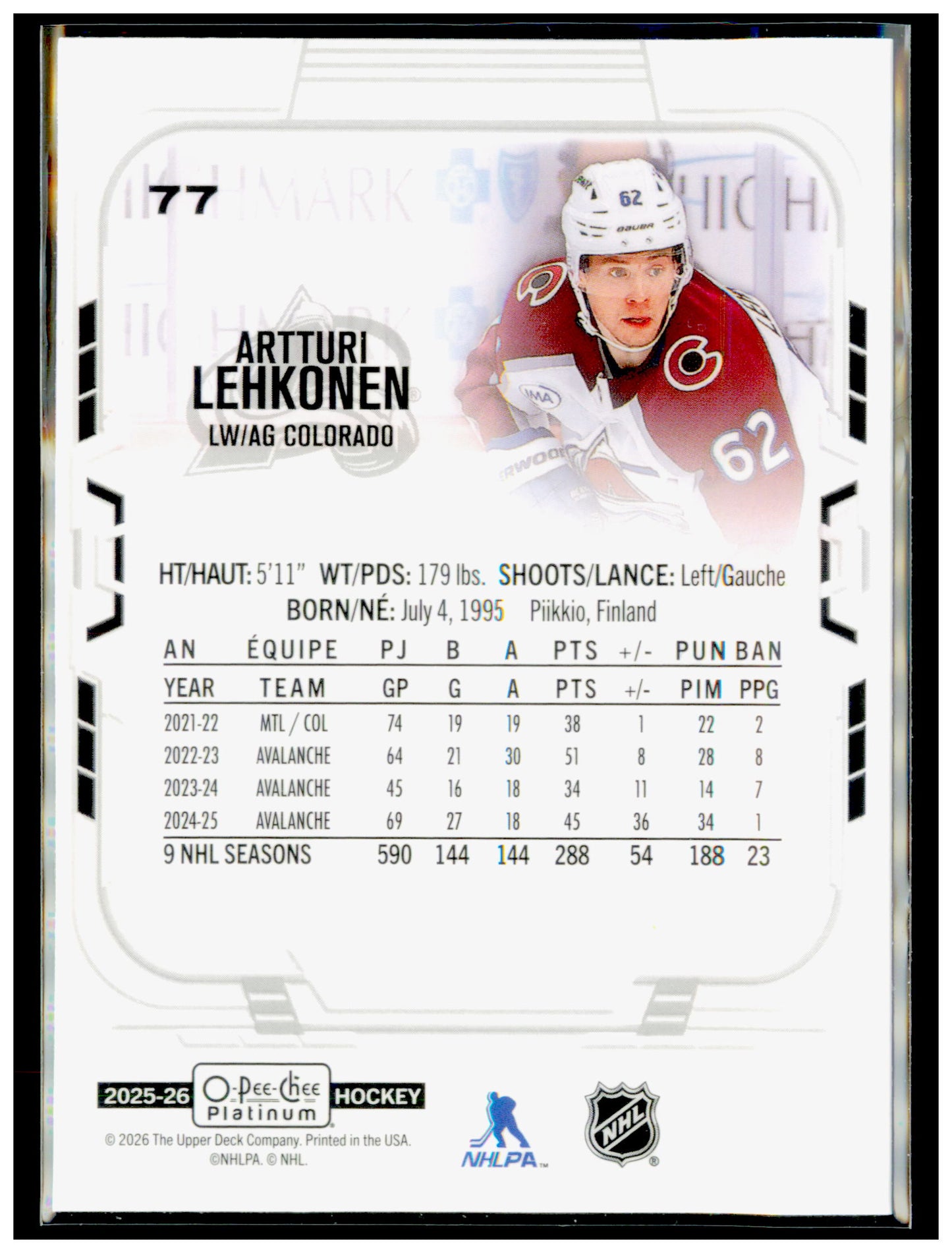 2025-26 O-Pee-Chee Platinum Artturi Lehkonen Card Colorado Avalanche #77