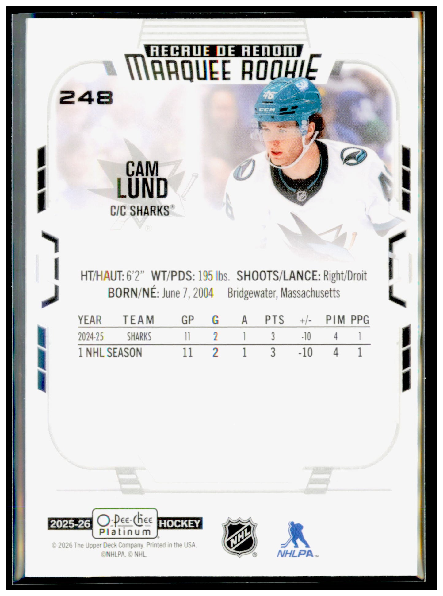 2025-26 O-Pee-Chee Platinum Cam Lund Card RC San Jose Sharks #248