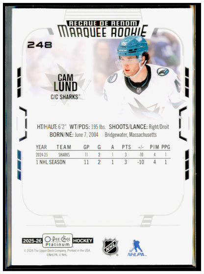 2025-26 O-Pee-Chee Platinum Cam Lund Card RC San Jose Sharks #248